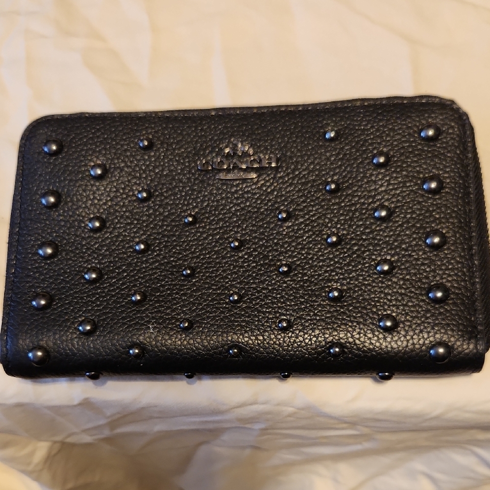 Coach Black Pebbled Leather Wallet with Studs